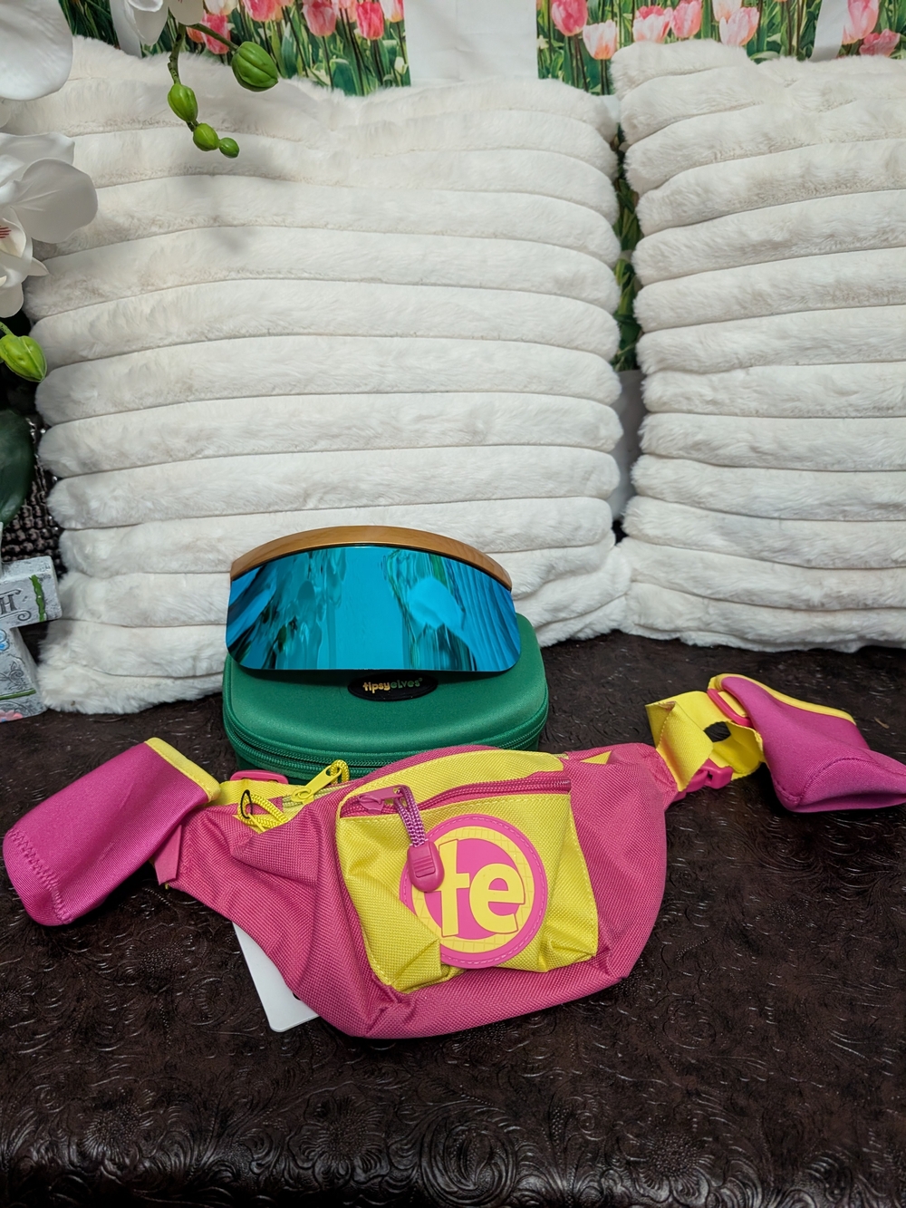 Tipsy Elves Pink and Yellow Fanny Pack with Logo PLUS full Lens Sunglasses